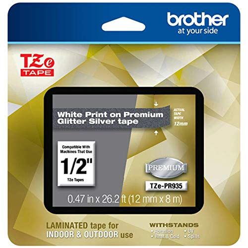 Brother Genuine P-touch TZe-PR935 White Print on Premium Glitter Silver Laminated Tape 12mm (0.47) wide x 8m (26.2) long, TZEPR935