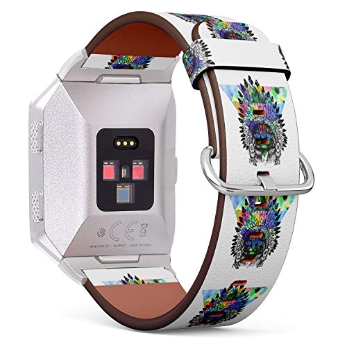 (Maine Coon cat with Native American Chief Headdress) Patterned Leather Wristband Strap for Fitbit Ionic,The Replacement of Fitbit Ionic smartwatch Bands