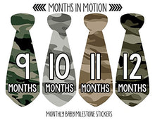 Load image into Gallery viewer, Months In Motion Monthly Baby Tie Stickers - Boy Month Milestone Necktie Sticker - Onesie Month Sticker - Infant Photo Prop for First Year - Shower Gift - Newborn Keepsakes - Camo Camouflage
