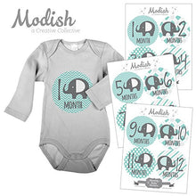 Load image into Gallery viewer, Modish - Creative Collective Baby Stickers, Elephants, Baby Boy, Elephant Baby Belly Stickers, Elephant Baby Month Stickers, First Year Stickers Months 1-12, Teal, Mint, Elephants, Boy, Grey
