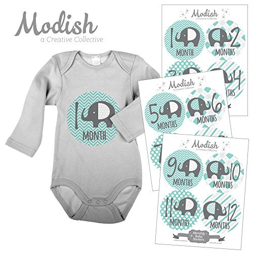 Modish - Creative Collective Baby Stickers, Elephants, Baby Boy, Elephant Baby Belly Stickers, Elephant Baby Month Stickers, First Year Stickers Months 1-12, Teal, Mint, Elephants, Boy, Grey
