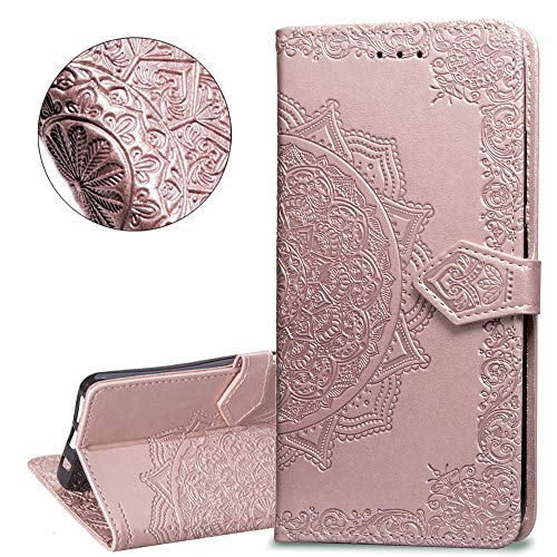 HMTECHUS LG Stylo 4 case Embossed Solid Color Flower Card Slots PU Leather Wallet Bookstyle Magnetic Flip Stand Shockproof Protection Slim Cover for Samsung Galaxy LG Stylo 4 -Mandala Rose Gold SD