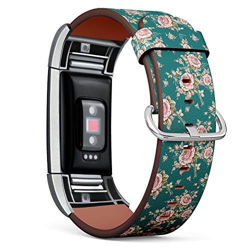 Replacement Leather Strap Printing Wristbands Compatible with Fitbit Charge 2 - Vintage Pink Rose Pattern