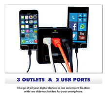 Load image into Gallery viewer, RND Power Solutions Wall Power Station includes 3 AC Plugs and 2 USB ports with Surge Protection and 2 slide-out holders(Black)
