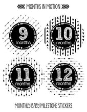 Load image into Gallery viewer, Months In Motion Gender Neutral Baby Month Stickers - Monthly Milestone Sticker for Boy or Girl - Infant Photo Prop for First Year - Shower Gift - Newborn Keepsakes - Unisex - Tribal Arrows
