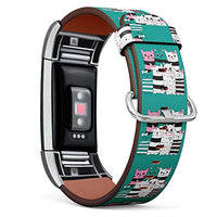 Replacement Leather Strap Printing Wristbands Compatible with Fitbit Charge 2 - Cute Cat Family on Teal Background