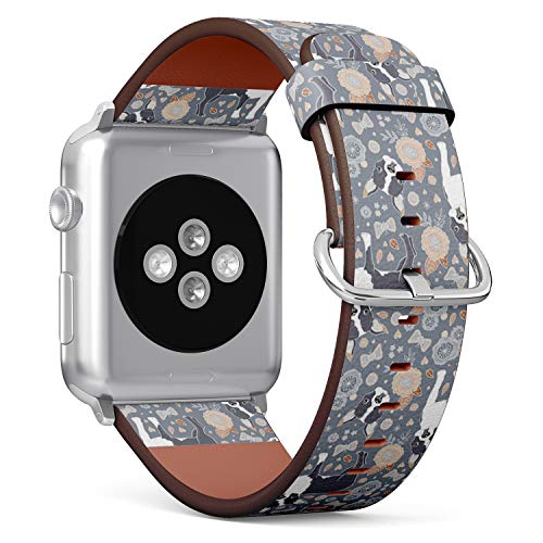 Compatible with Apple Watch Series 7/6/5/4/3/2/1 (Big Version 42/44/45 mm) Leather Wristband Bracelet Replacement Accessory Band + Adapters - Boston Terrier Beautiful Flowers