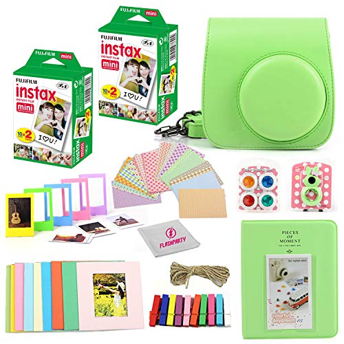 Fuji Instax Mini Instant Film Two Twin Packs (40 Sheets) + Protective Case + 40 Sticker Frames + Picture Frames + Photo Album + Microfiber Cleaning Cloth + More Accessories (Lime Green)
