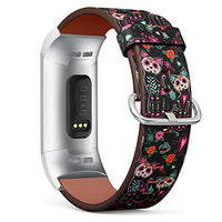 Replacement Leather Strap Printing Wristbands Compatible with Fitbit Charge 3 / Charge 3 SE - Sugar Skull Cat Pattern Compatible with Fitbit Day of The Dead