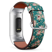 Replacement Leather Strap Printing Wristbands Compatible with Fitbit Charge 3 / Charge 3 SE - Vintage Pink Rose Pattern