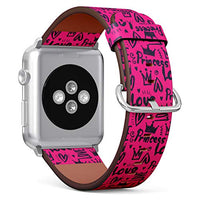 S-Type iWatch Leather Strap Printing Wristbands for Apple Watch 4/3/2/1 Sport Series (42mm) - Sketch Drawn Set of Crown, Hearts. Lettering Princess, Love on hotpink Background