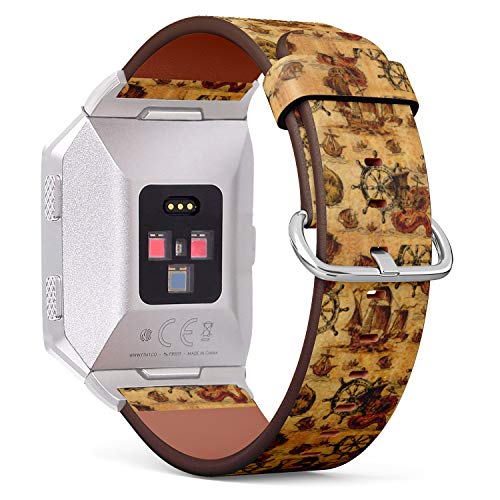 (Marine Theme Hand-Drawn Ancient Sailboats, sea Monsters and Dragons) Patterned Leather Wristband Strap for Fitbit Ionic,The Replacement of Fitbit Ionic smartwatch Bands