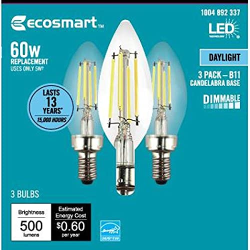 EcoSmart 60-Watt Equivalent B11 Dimmable Energy Star Clear Filament Vintage Style LED Light Bulb Daylight (3-Pack)