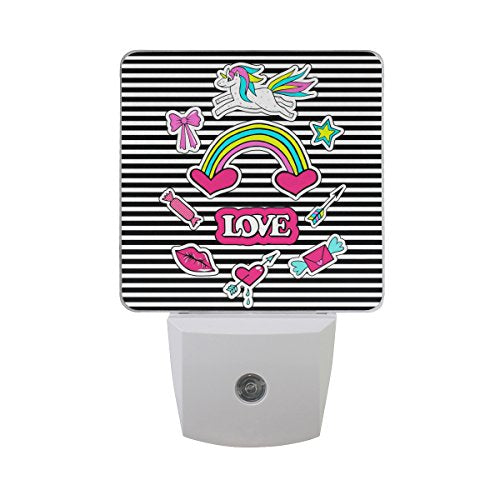 Naanle Set of 2 Black White Unicorns Rainbow Heart Arrow Love Star Auto Sensor LED Dusk to Dawn Night Light Plug in Indoor for Adults