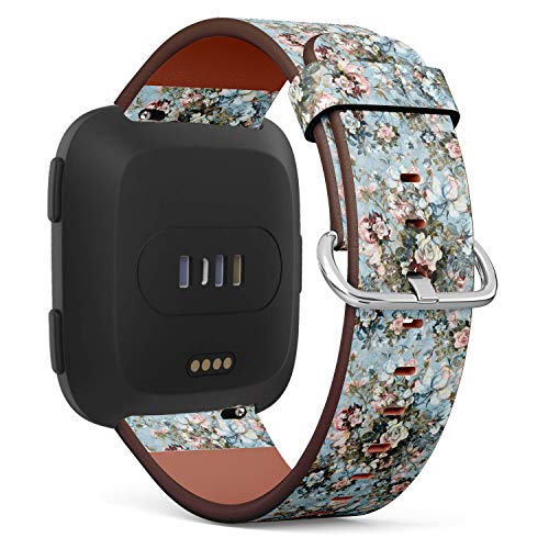 Replacement Leather Strap Printing Wristbands Compatible with Fitbit Versa - Vintage Rose Floral Pattern
