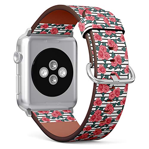 S-Type iWatch Leather Strap Printing Wristbands for Apple Watch 4/3/2/1 Sport Series (38mm) - Hand Painted Rose Illustration on Geometric Background