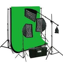 Load image into Gallery viewer, ePhoto 3 x Premium Honeycomb Softbox Photography Studio Video Lighting Kit Boom Stand Hair Light with 3 Chromakey Black, White, Green Muslin Supporting Background Stand System Case HGD2-69BWG
