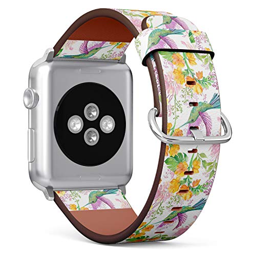 Compatible with Small Apple Watch 38mm, 40mm, 41mm (All Series) Leather Watch Wrist Band Strap Bracelet with Adapters (Floral Bird Hummingbird)