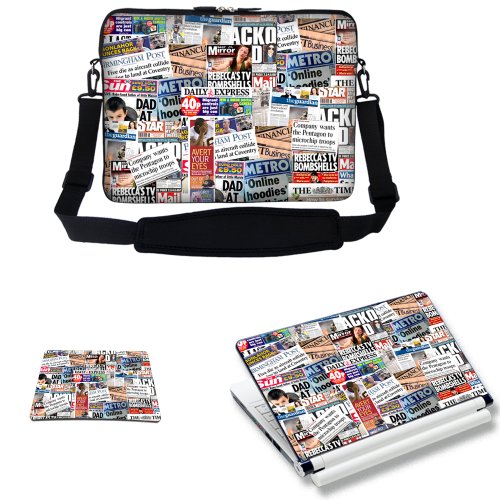 Meffort Inc 15 15.6 inch Laptop Carrying Sleeve Bag Case with Hidden Handle & Adjustable Shoulder Strap with Matching Skin Sticker and Mouse Pad Combo - Newspaper Clips 2