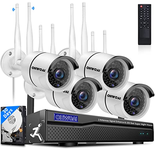 [2-Antenna Signal Enhance & 100 ft Super Night Vision] Outdoor Wireless Security Camera System, WiFi Surveillance Video Camera System, 5MP 8-Channel Wireless NVR, 4pcs 3.0MP IP Cameras