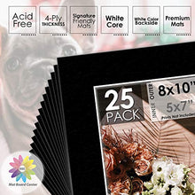 Load image into Gallery viewer, Mat Board Center Premier Acid-Free Pre-Cut 8x10 Black Picture Mat Set. Includes a Pack of 25 White Core Bevel Cut Mattes for 5x7 Photos, Pack of 25 Backers &amp; Clear Bags
