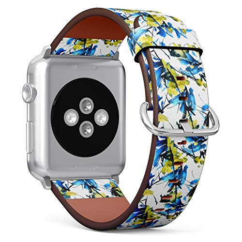 S-Type iWatch Leather Strap Printing Wristbands for Apple Watch 4/3/2/1 Sport Series (42mm) - Watercolor and Ink Illustration of Yellow and Blue Flowers