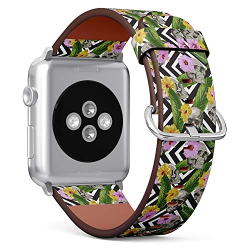 S-Type iWatch Leather Strap Printing Wristbands for Apple Watch 4/3/2/1 Sport Series (42mm) - Skull with Exotic Flowers Pattern