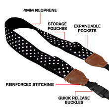 Load image into Gallery viewer, USA GEAR TrueSHOT Camera Strap with Polka Dot Neoprene Pattern , Accessory Pockets and Quick Release Buckles - Compatible With Canon , Nikon , Sony and More DSLR , Mirrorless , Instant Cameras
