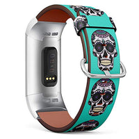 Replacement Leather Strap Printing Wristbands Compatible with Fitbit Charge 3 / Charge 3 SE - Sugar Skull Turquoise Background
