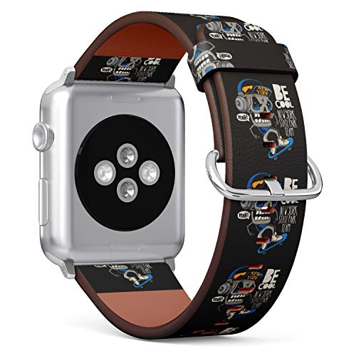 S-Type iWatch Leather Strap Printing Wristbands for Apple Watch 4/3/2/1 Sport Series (38mm) - Funny Skateboard Skull Design