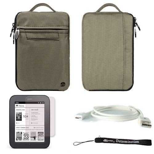 Gray Mighty Nylon Jacket Slim Compact Protective Sleeve Bag Case for Barnes and Noble Nook Simple Touch eBook Reader BNRV300 and White Micro USB Cable and Anti Glare Screen Protector and Hand Strap