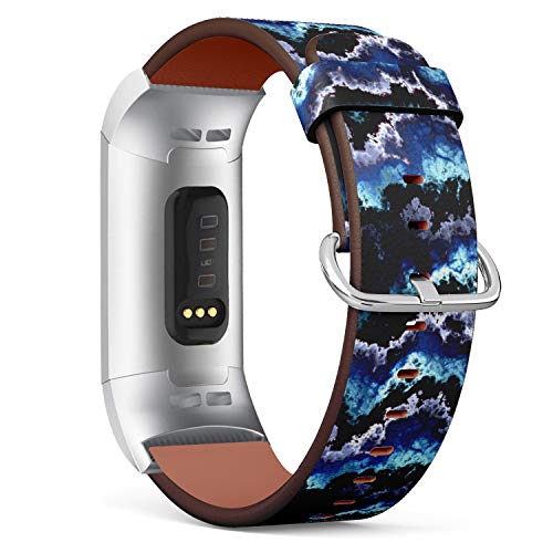 Replacement Leather Strap Printing Wristbands Compatible with Fitbit Charge 3 / Charge 3 SE - Blue Shining Clouds Marbled Pattern