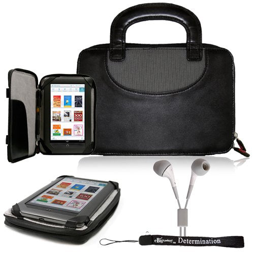 Premium Durable Professional Portfolio Cover Carrying Zipper Flip Case with Build in Handles for Barnes and Noble Nook Color eBook Reader Tablet and Hand Strap and HD Noise Filter Ear Buds Earphones