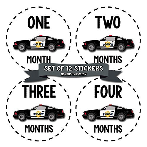 Months in Motion Monthly Stickers for Boy - Monthly Milestone Sticker - 12 Monthly Milestone Stickers - Baby Month Stickers for Infant First Year - Belly Stickers - Police Officer Car