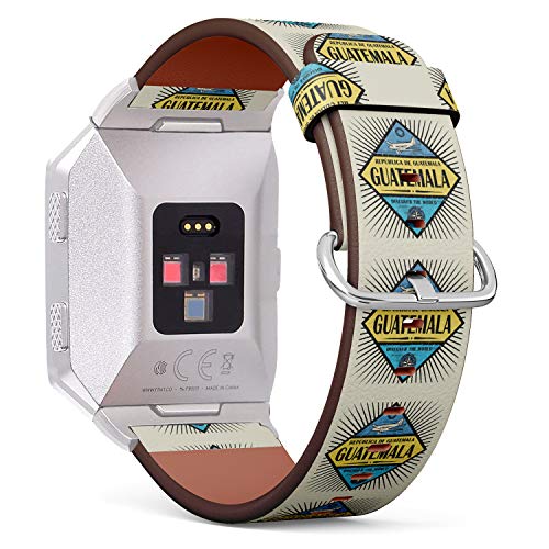 (Stamp or Vintage Emblem with Airplane, Compass and Text Guatemala) Patterned Leather Wristband Strap for Fitbit Ionic,The Replacement of Fitbit Ionic smartwatch Bands