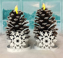 Load image into Gallery viewer, BANBERRY DESIGNS Pine Cone LED Lights Set of 2 Real Pine Cones with Lighted Flameless Candle Brushed with Snow and Each is in a White Snowflake Base
