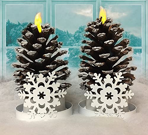 BANBERRY DESIGNS Pine Cone LED Lights Set of 2 Real Pine Cones with Lighted Flameless Candle Brushed with Snow and Each is in a White Snowflake Base