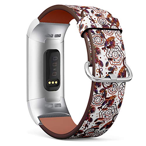 Replacement Leather Strap Printing Wristbands Compatible with Fitbit Charge 3 / Charge 3 SE - Native American Indian Dream Catcher Compatible with Fitbit Tribal Boho Style Pattern