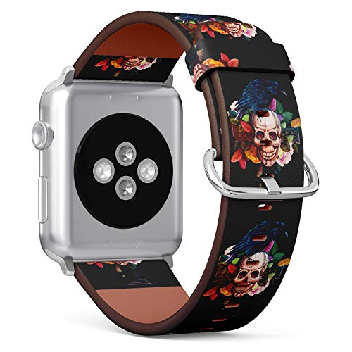 S-Type iWatch Leather Strap Printing Wristbands for Apple Watch 4/3/2/1 Sport Series (42mm) - Floral Skull and Crow Pattern