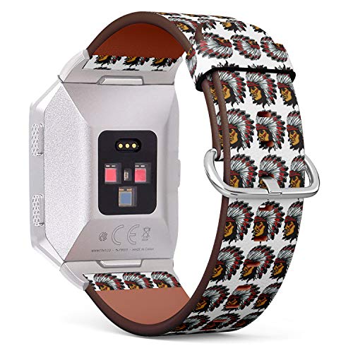 (Native American Indian Chief Pattern) Patterned Leather Wristband Strap for Fitbit Ionic,The Replacement of Fitbit Ionic smartwatch Bands