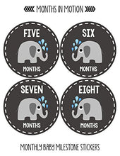 Load image into Gallery viewer, Months In Motion Gender Neutral Baby Month Stickers - Monthly Milestone Sticker for Boy or Girl - Infant Photo Prop for First Year - Shower Gift - Newborn Keepsakes - Unisex- Chalkboard- Elephants
