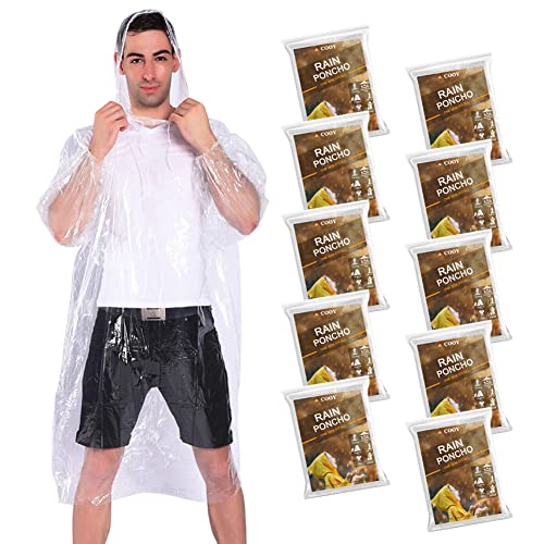 COOY Rain Ponchos,with Drawstring Hood ?10 Pack? Emergency Disposable Rain Ponchos Family Pack for Adults,Clear