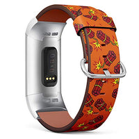 Replacement Leather Strap Printing Wristbands Compatible with Fitbit Charge 3 / Charge 3 SE - Cartoon bombpattern on Orange