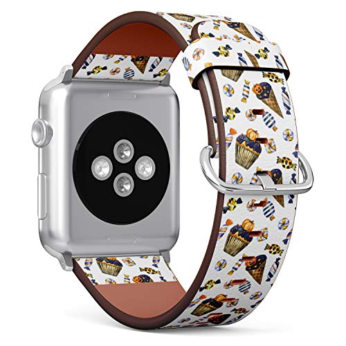 S-Type iWatch Leather Strap Printing Wristbands for Apple Watch 4/3/2/1 Sport Series (38mm) - Halloween Pattern with Cupcake, ice Cream and Candy