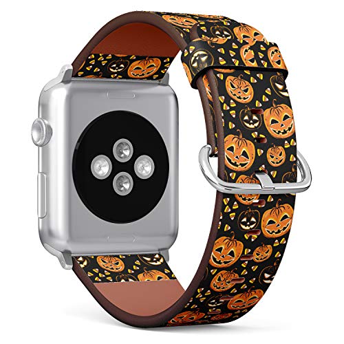 S-Type iWatch Leather Strap Printing Wristbands for Apple Watch 4/3/2/1 Sport Series (38mm) - Halloween Pattern with a Pumpkins and Candies