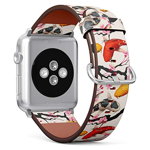 S-Type iWatch Leather Strap Printing Wristbands for Apple Watch 4/3/2/1 Sport Series (38mm) - Japanese Ornament with Koi Fish and Sakura