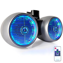 Load image into Gallery viewer, Waterproof Marine Wakeboard Tower Speakers - 6.5 Dual Subwoofer Speaker Set and 1.0 Tweeters, LED Lights and 400 Watt Power - 2-way Boat Audio System with Mounting Bracket - PLMRWB652LES (Silver)
