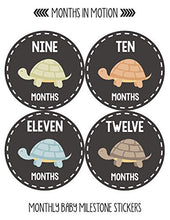 Load image into Gallery viewer, Months In Motion Gender Neutral Baby Month Stickers - Monthly Milestone Sticker for Boy or Girl - Onesie Month Sticker - Shower Gift - Newborn Keepsakes - Unisex - Turtles
