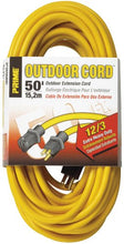 Load image into Gallery viewer, Prime Wire &amp; Cable EC500830 Prime Extra Heavy-Duty, Single Outlet Extension Cord, 12/3 ga, 15 A, 125 V, 50 ft L, Yellow
