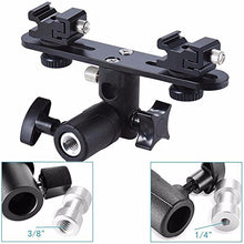 Load image into Gallery viewer, EXMAX E2 Adjustable Double Flash Bracket Dual Hot Shoe Speedlight Stand Umbrella Holder Light Stand Bracket Mount 1/4&quot; to 3/8&#39;&#39; for Studio Video DSLR Camera Canon Nikon Yongnuo
